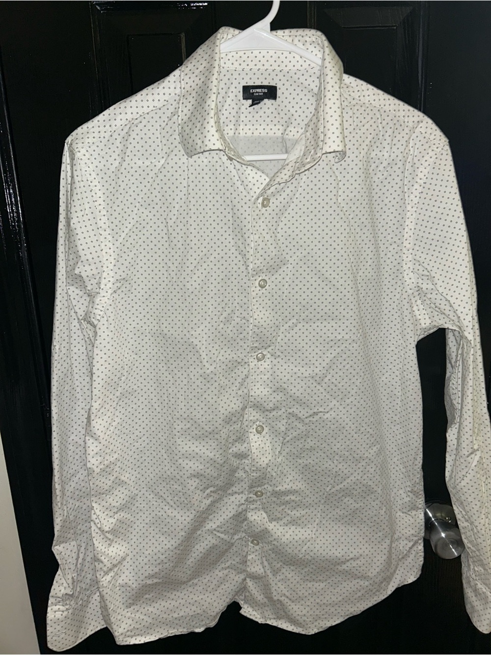 Express Men's White Button-Up Shirt with Black Micro Dots